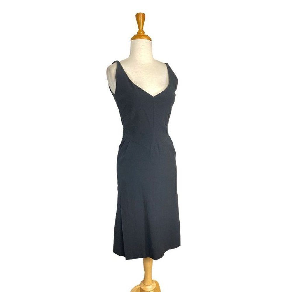 Zac Pozen 2 S Black Cocktail Dress Midi Deep V Tailored Wiggle Pencil Y2K VTG